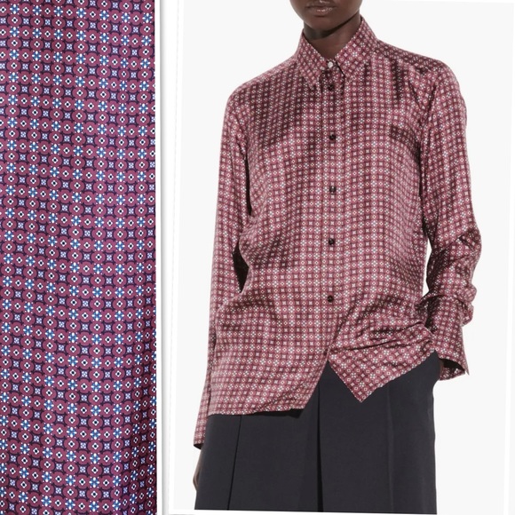 SANDRO Thia Printed 100% Silk-twill Shirt Blouse In Bordeaux Size 4 - Picture 6 of 16